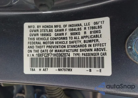 2017 Honda Civic Ex из США, поврежденный, VIN 19XFC2F71HE062074